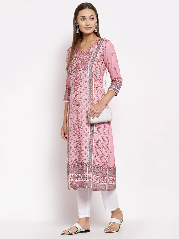 Myshka Women's Multi Pashmeena Printed 3/4 Sleeve Round Neck Casual Winter Kurta | Grab2Buy