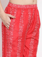 Myshka Women's Red Cotton Printed 3/4 Sleeve Round Neck Casual Kurta Pant Dupatta Set | Grab2Buy
