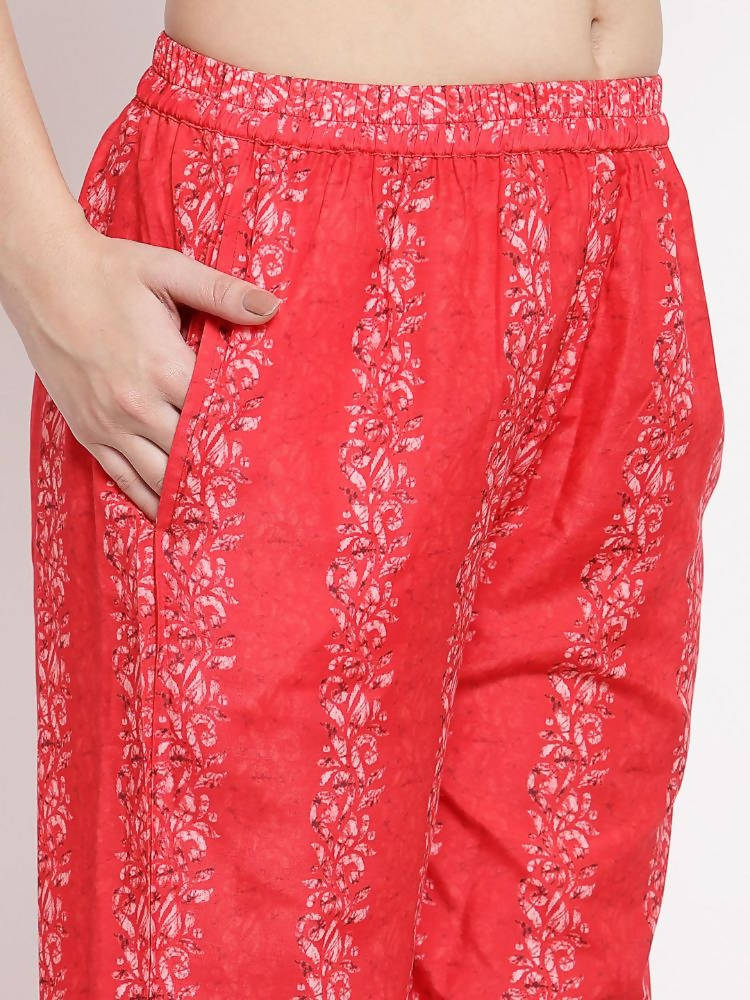 Myshka Women's Red Cotton Printed 3/4 Sleeve Round Neck Casual Kurta Pant Dupatta Set | Grab2Buy