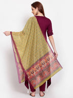 Myshka Women's Burgandy Solid Cotton Half Sleeve V Neck Casual Kurta Pant Dupatta Set | Grab2Buy