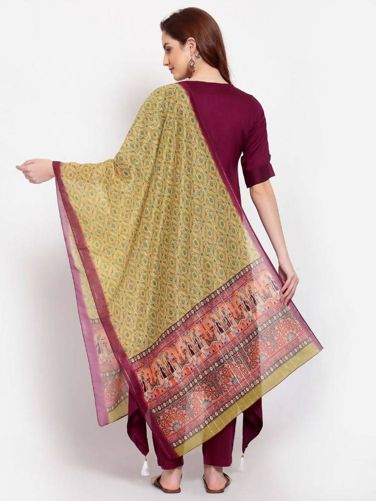Myshka Women's Burgandy Solid Cotton Half Sleeve V Neck Casual Kurta Pant Dupatta Set | Grab2Buy