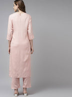 Yufta Women Pink Ethnic Motifs Yoke Design Thread Work Kurta with Palazzo | Grab2Buy