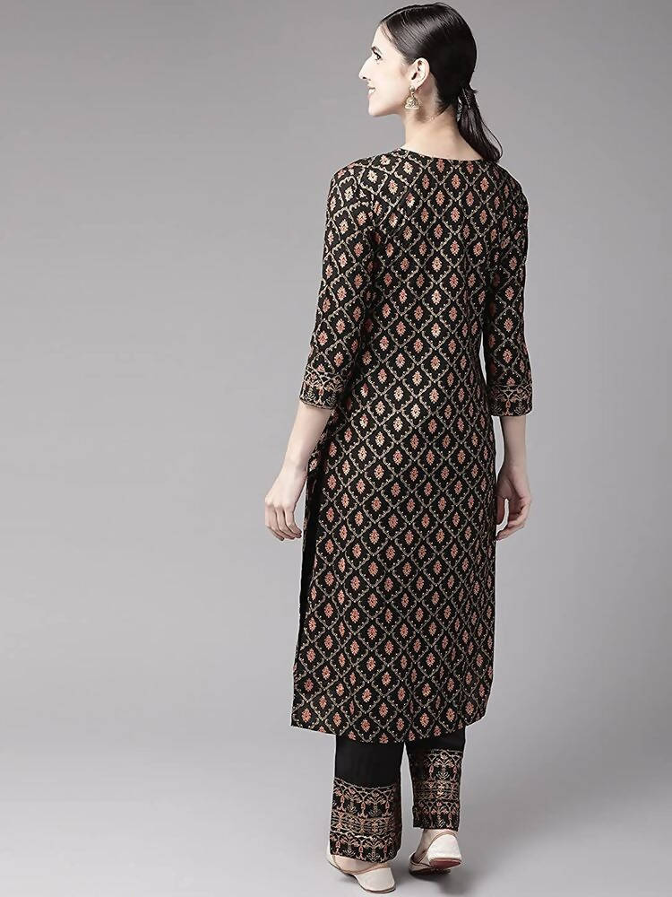 Yufta Women Black & Golden Handblock Printed Kurta with Trouser | Grab2Buy