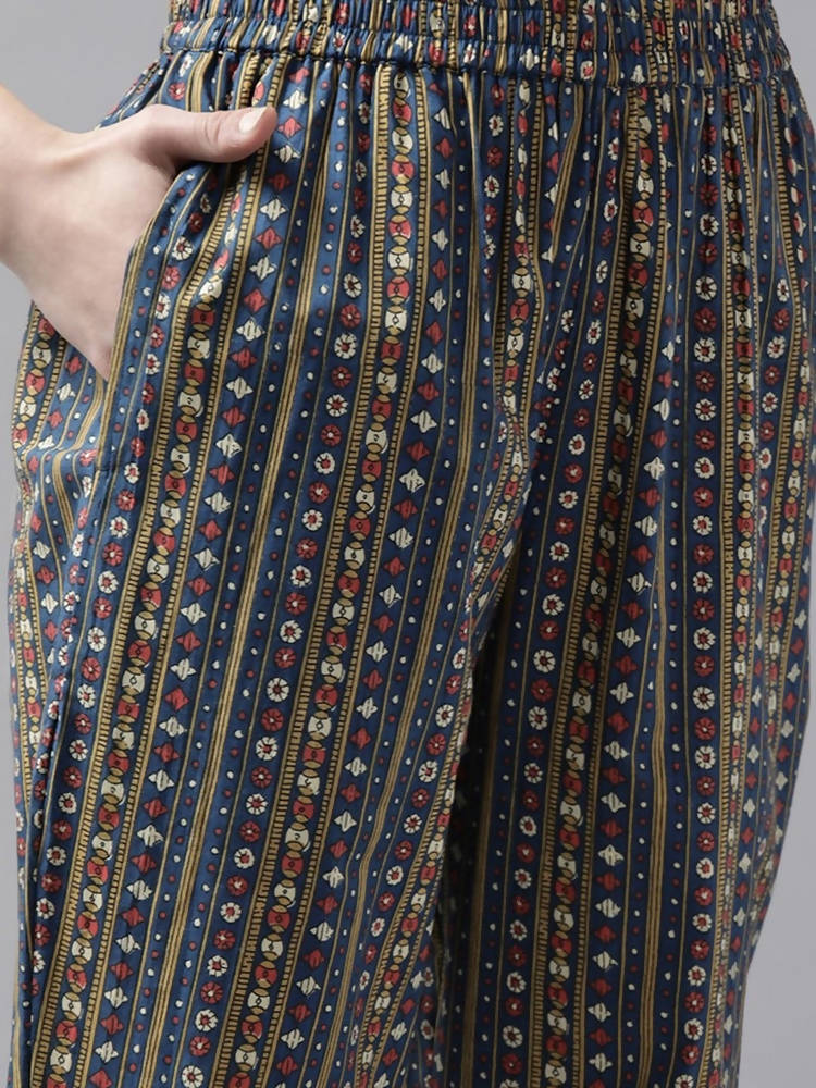 Yufta Women Blue and Red Ethnic Motifs Pure Cotton Kurta with Trouser and Dupatta | Grab2Buy