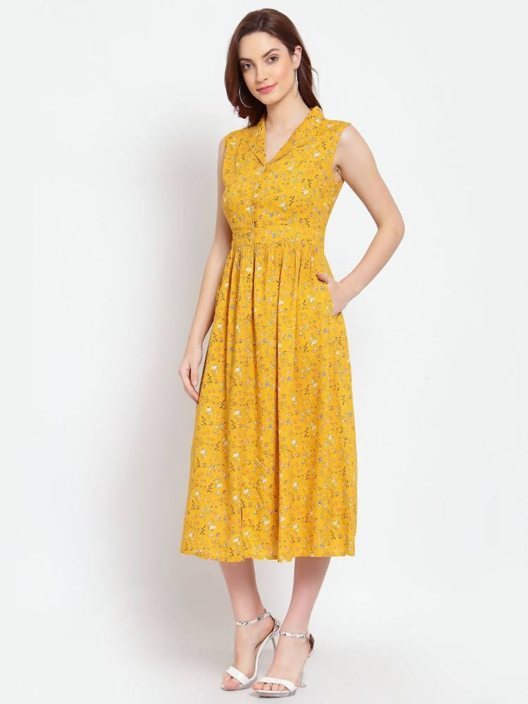 Myshka Women's Mustard Printed Rayon Sleeveless Collar Neck Casual Dress | Grab2Buy