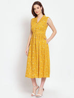 Myshka Women's Mustard Printed Rayon Sleeveless Collar Neck Casual Dress | Grab2Buy