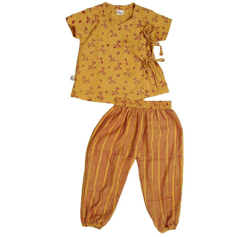 Mhyssa Zeke Half Sleeve Wrap Style Yellow and Red T-shirt With Long Pant Set For Kids | Grab2Buy