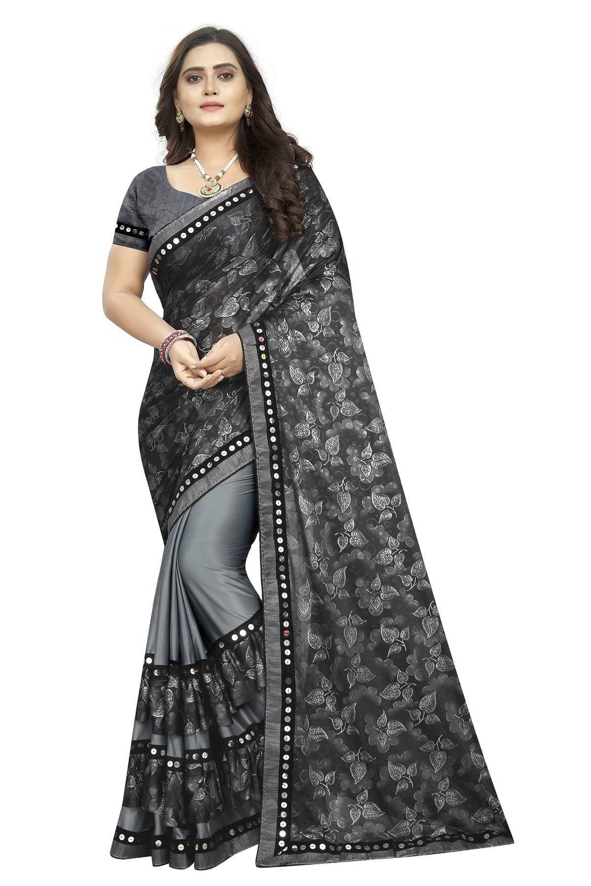 Vamika Grey Lycra Blend Printed Floral Saree | Grab2Buy