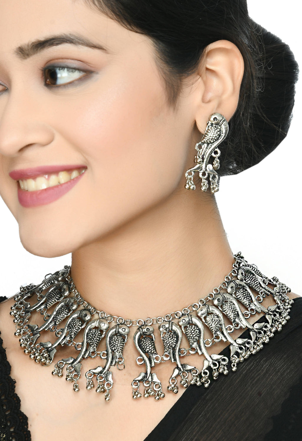 Mominos Fashion Johar Kamal Oxidised Silver-Plated Brass Finish Peacock Choker For Women (Silver) | Grab2Buy