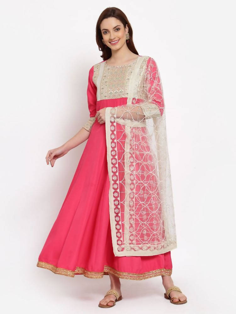 Myshka Women's Pink Solid Rayon 3/4 Sleeve Round Neck Casual Anarkali Kurta Dupatta Set | Grab2Buy