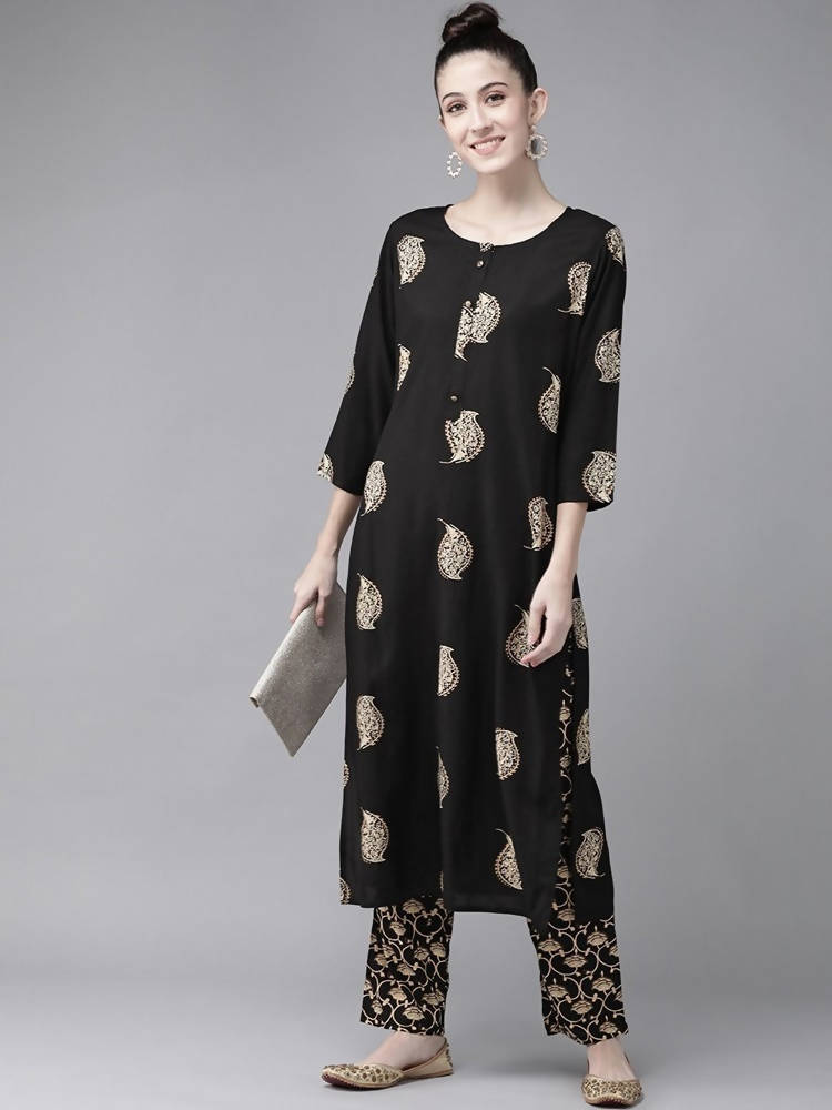 Yufta Women Black & Cream-Coloured Screen Printed Kurta with Trouser | Grab2Buy