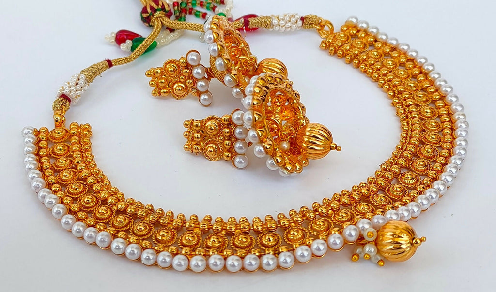 Designer Metallic Necklace Set With White Beads | Grab2Buy