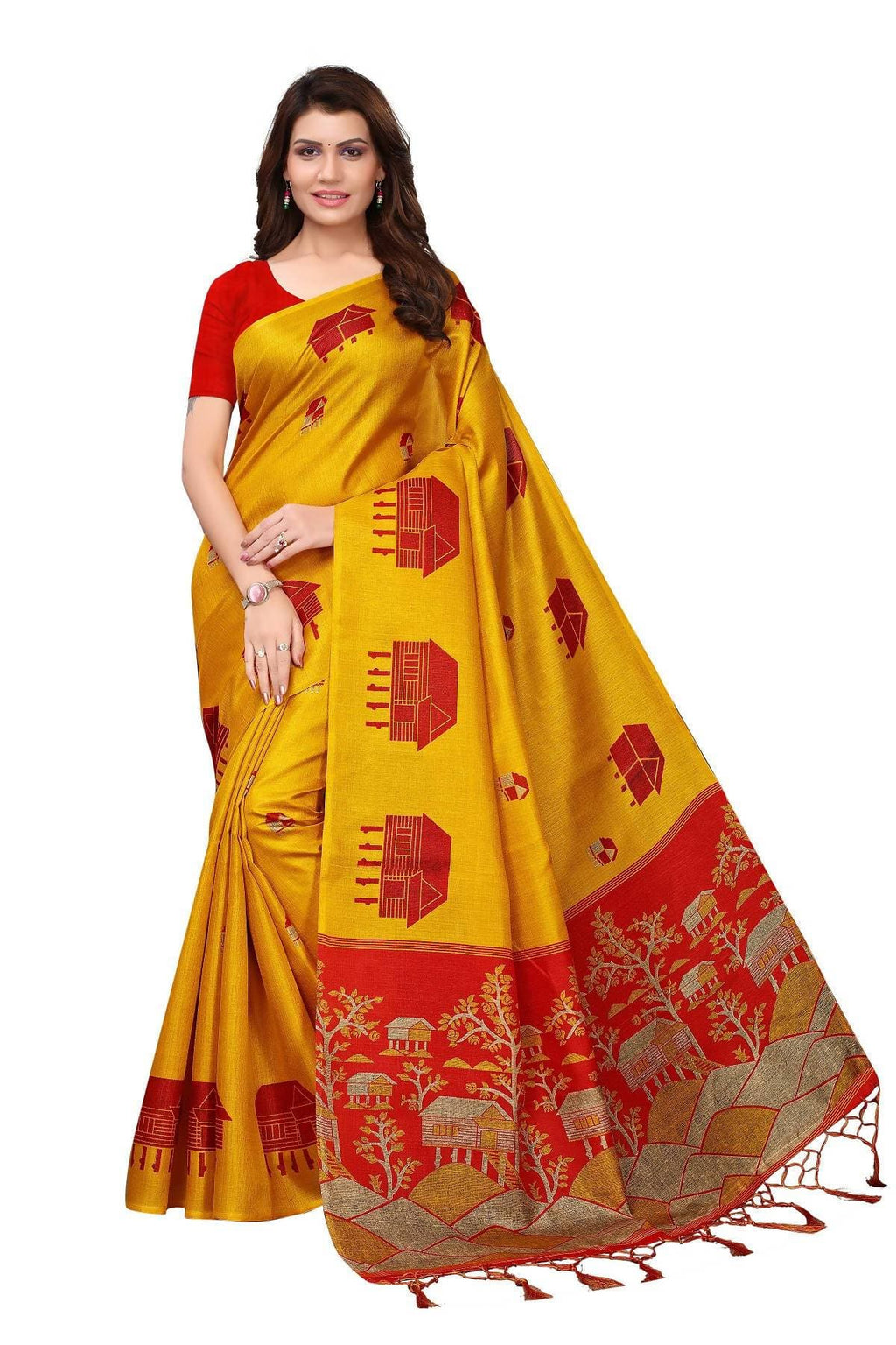 Vamika Latest Fashion Yellow & Red Kalamkari With Jhalar Khadi Silk Saree | Grab2Buy