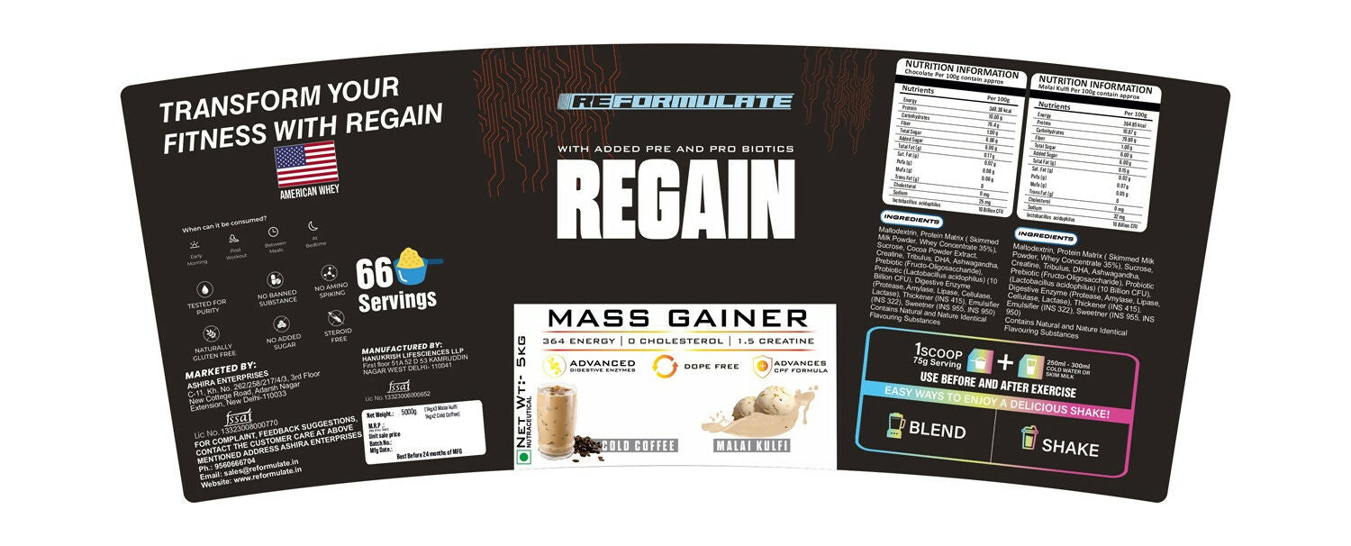 Reformulate Regain I Mass Gainer with Added Pre and Pro Biotics I 364 Energy | 1.5 Creatine - Cold Coffee & Malai Kulfi | Grab2Buy