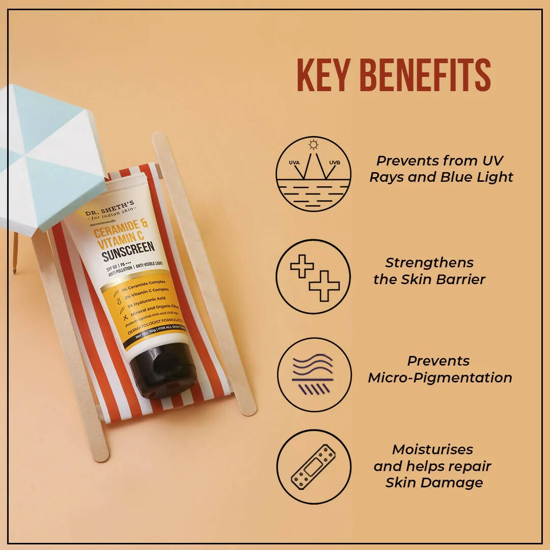 Dr. Sheth's Ceramide & Vitamin C Sunscreen SPF 50+ PA+++ UVA UVB Sun Protection, For All Skin Types | Grab2Buy