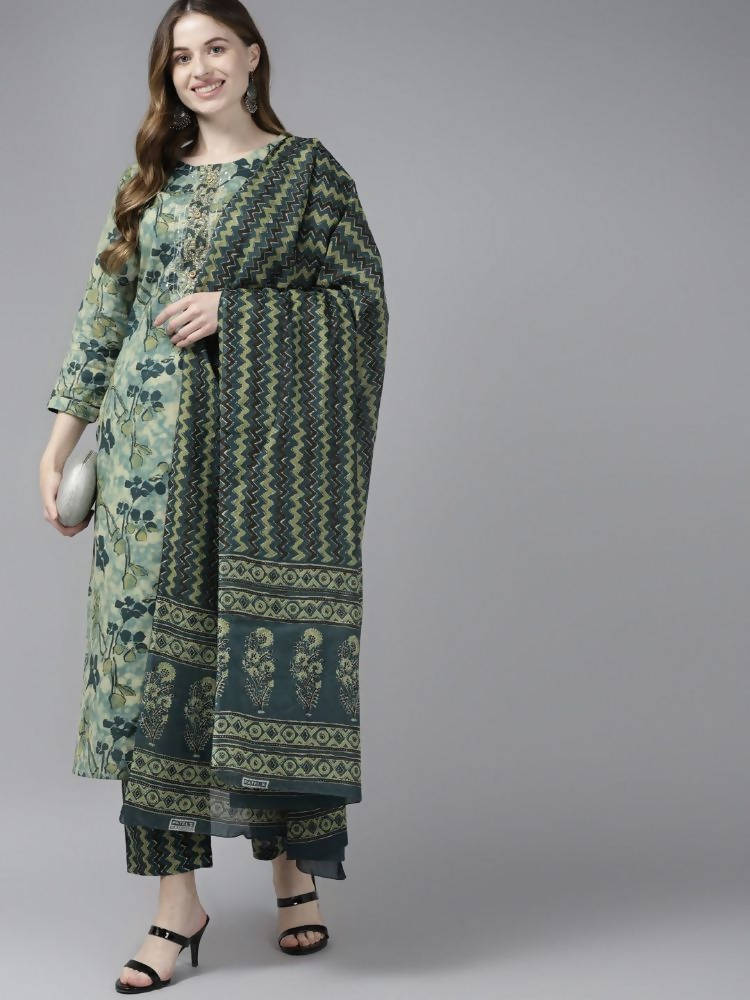 Yufta Women Teal and Beige Floral Dyed Pure Cotton Kurta with Palazzo and Dupatta | Grab2Buy