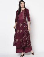 Aniyah Rayon Wine Color Block Print Anarkali Palazzo Set (AN-171K) | Grab2Buy