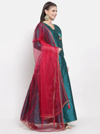 Myshka Women's Green Silk Solid 3/4 Sleeve V Neck Casual Anarkali Kurta Dupatta Set | Grab2Buy