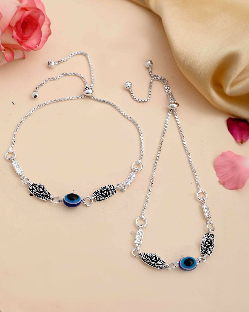 VOJ Set of 2 Silver Plated Flower And Evil Eye HandCrafted Anklet | Grab2Buy