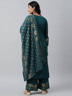 Yufta Women Green And Golden Pure Cotton Solid Kurta with Palazzo and Dupatta | Grab2Buy