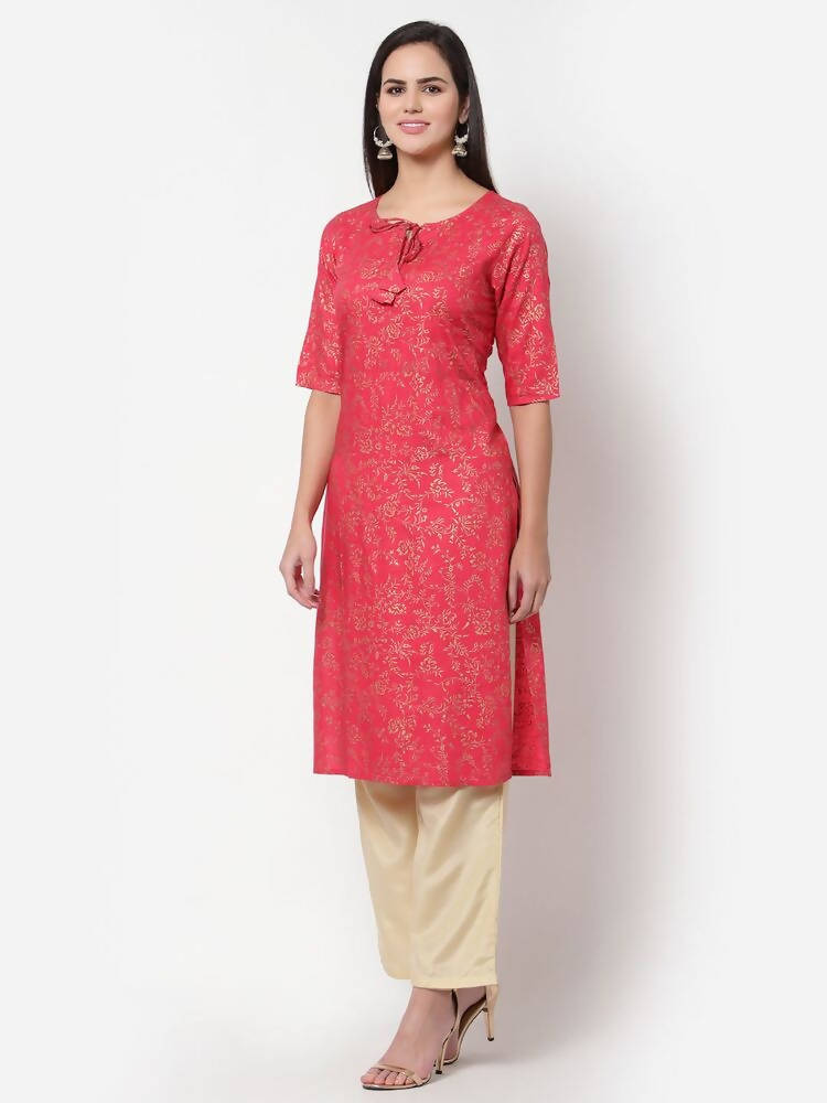 Myshka Women's Pink Rayon Printed Regular Sleeves Round Neck Casual Kurta | Grab2Buy