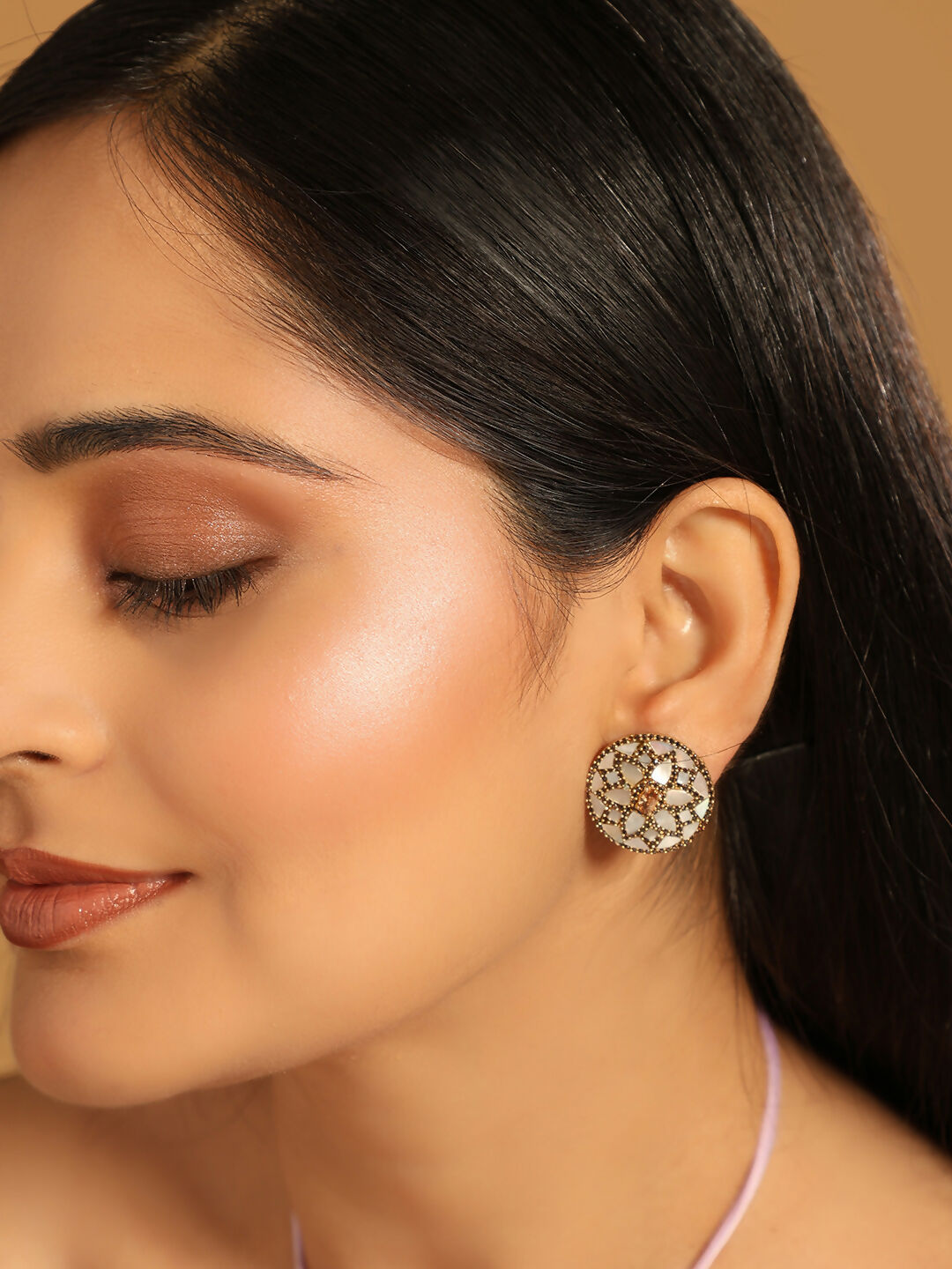 Nuyug 22K Gold Plated Mother of Pearls and Stone Studded Contemporary Floral Shaped Studs | Grab2Buy