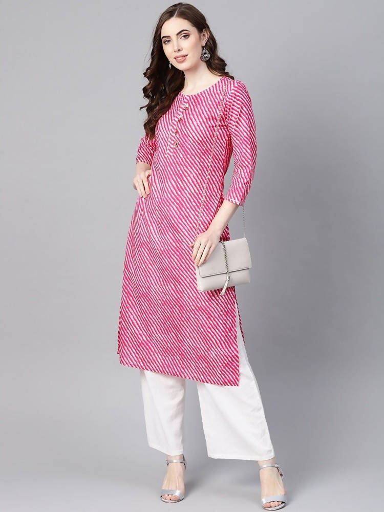 Yufta Women Pink & White Leheriya Print Straight Kurta | Grab2Buy