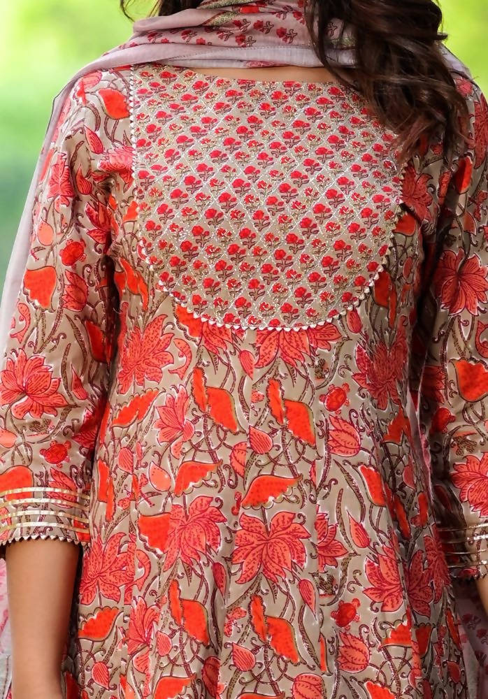 Yufta Women Red Floral Yoke Design Regular Aari Work Pure Cotton Kurta with Trouser & With Dupatta | Grab2Buy
