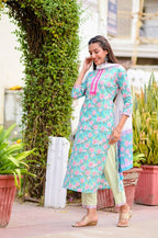 Yufta Women Blue & Off-White Printed Kurta with Trouser & Dupatta | Grab2Buy