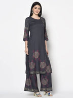 Aniyah Rayon Dark Grey Color Block Print Straight Kurta (AN-203K) | Grab2Buy