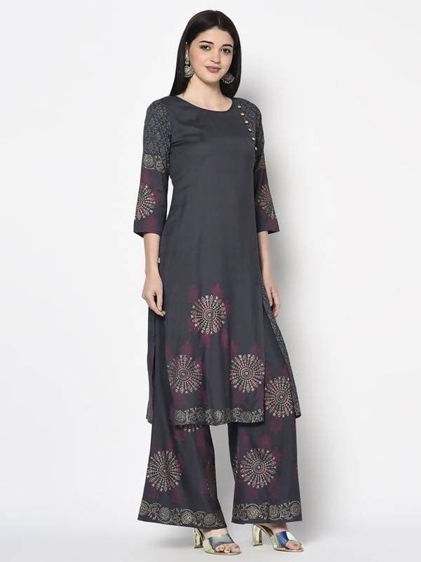 Aniyah Rayon Dark Grey Color Block Print Straight Kurta (AN-203K) | Grab2Buy