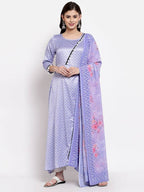 Myshka Women's Purple Silk Printed 3/4 Sleeve Round Neck Casual Anarkali Kurta Dupatta Set | Grab2Buy