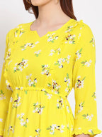 Myshka Women's Yellow Printed Cotton 3/4 Sleeve Round Neck Casual Dress | Grab2Buy