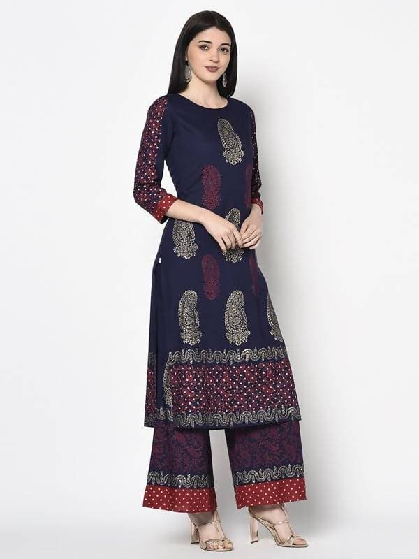 Aniyah Rayon Navy Blue Color Block Print Straight kurta (AN-180K) | Grab2Buy