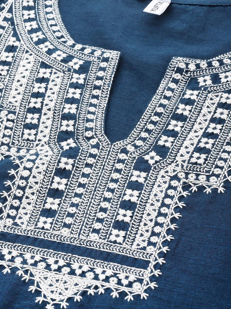 Yufta Women Blue And White Embroidered Kurta with Trouser & With Dupatta | Grab2Buy