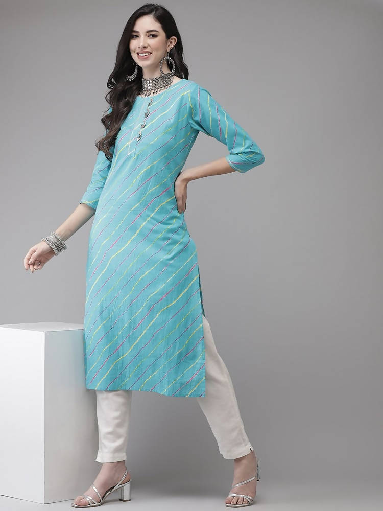 Yufta Women Turquoise Blue & Multicoloured Leheriya Printed Gotta Patti Kurta | Grab2Buy