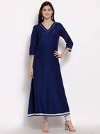 Myshka Women's Navy Blue Cotton 3/4 Sleeve V Neck Solid Casual Anarkali Kurta Dupatta Set | Grab2Buy