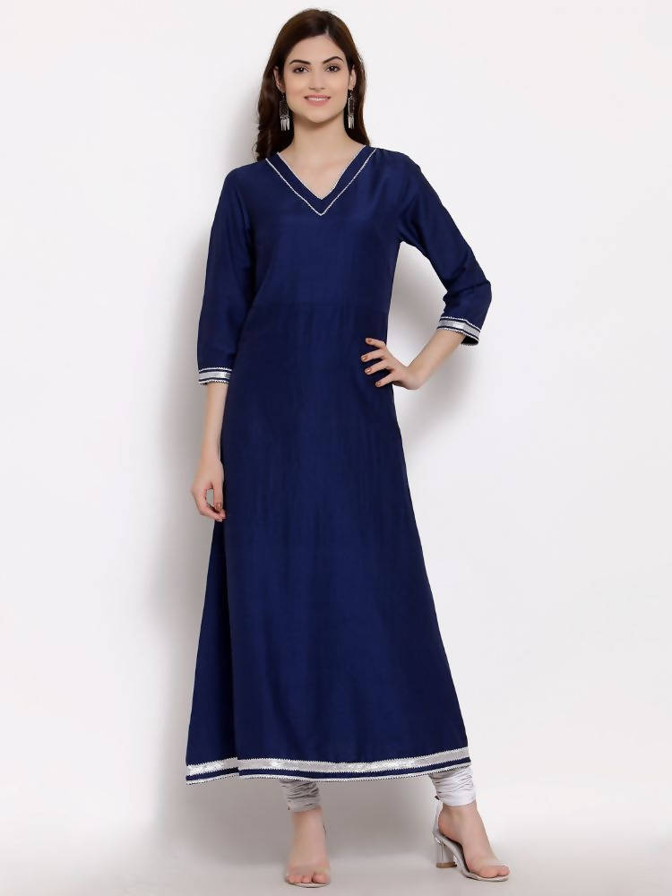 Myshka Women's Navy Blue Cotton 3/4 Sleeve V Neck Solid Casual Anarkali Kurta Dupatta Set | Grab2Buy
