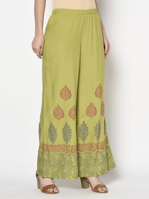 Aniyah Rayon Parrot Green Color Block Print Flared Slip-On Palazzo (AN-196K) | Grab2Buy