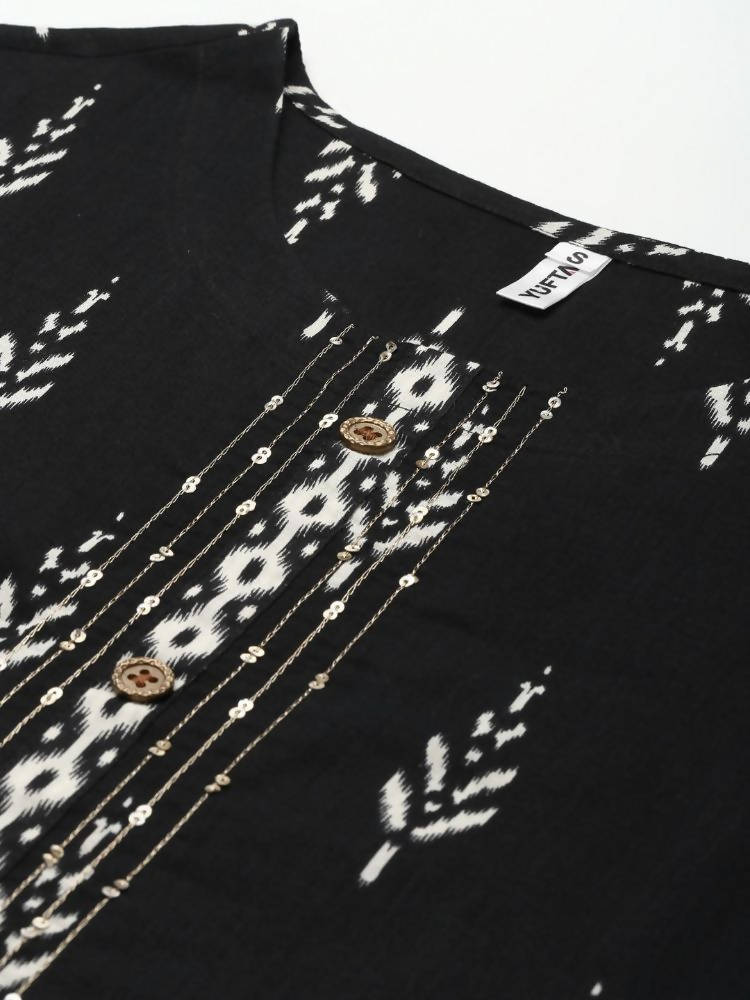 Yufta Women Black Ikat Printed Pure Cotton Kurta with Palazzo and Dupatta | Grab2Buy