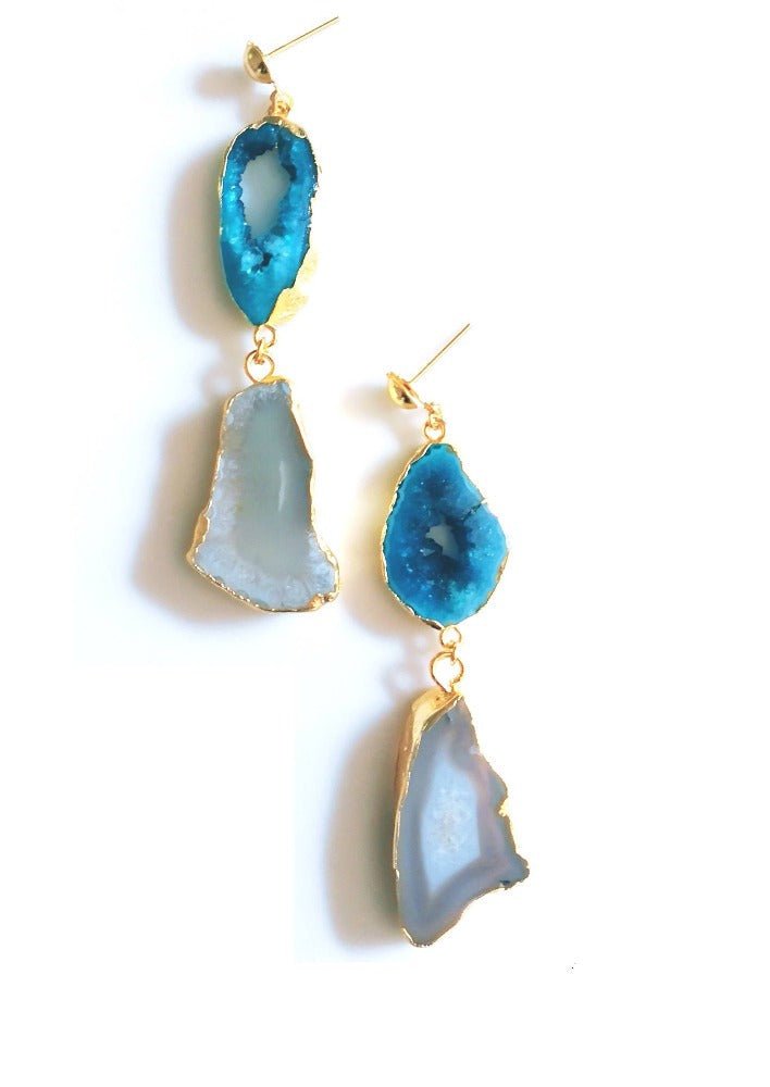 Bling Accessories Aqua / Ivory Agate Natural Stone Statement Earrings | Grab2Buy