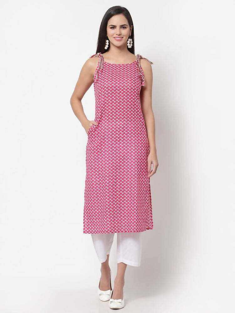 Myshka Women's Pink Printed Sleeveless Cotton Round Neck Dress | Grab2Buy