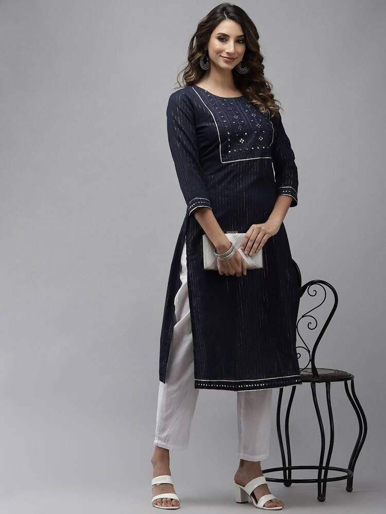 Yufta Women Navy Blue Yoke Design Mirror Work Cotton Kurta | Grab2Buy