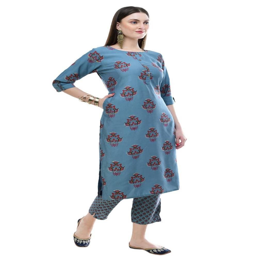 Lagi Women's Turquoise Blue Printed Straight Kurta & Pant (MC39A) | Grab2Buy