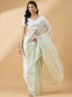 Green Tissue Slub Embroidered Saree with Unstitched Blouse - Vairagi | Grab2Buy