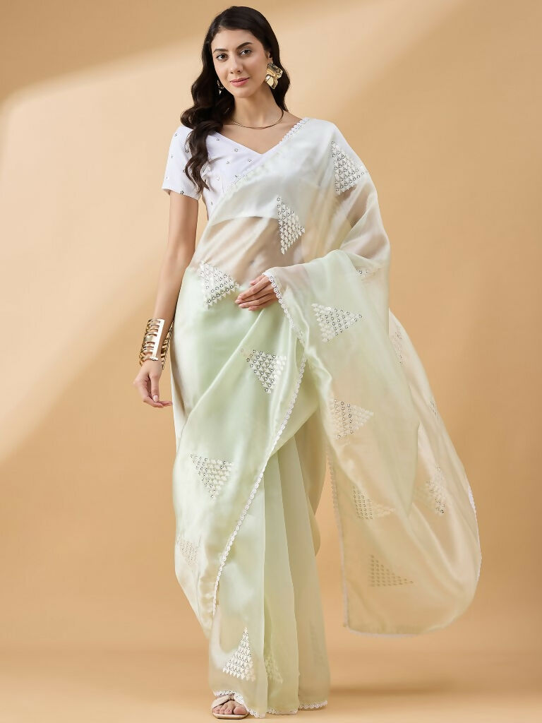 Green Tissue Slub Embroidered Saree with Unstitched Blouse - Vairagi | Grab2Buy