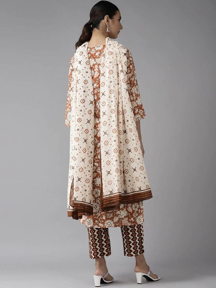 Yufta Brown & Off White Floral Print Kurta with Trousers and Dupatta Set | Grab2Buy