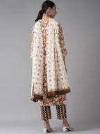 Yufta Brown & Off White Floral Print Kurta with Trousers and Dupatta Set | Grab2Buy
