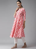 Yufta Pink and White Block Print A-line kurta with Palazzo & Dupatta Set | Grab2Buy