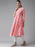 Yufta Pink and White Block Print A-line kurta with Palazzo & Dupatta Set | Grab2Buy